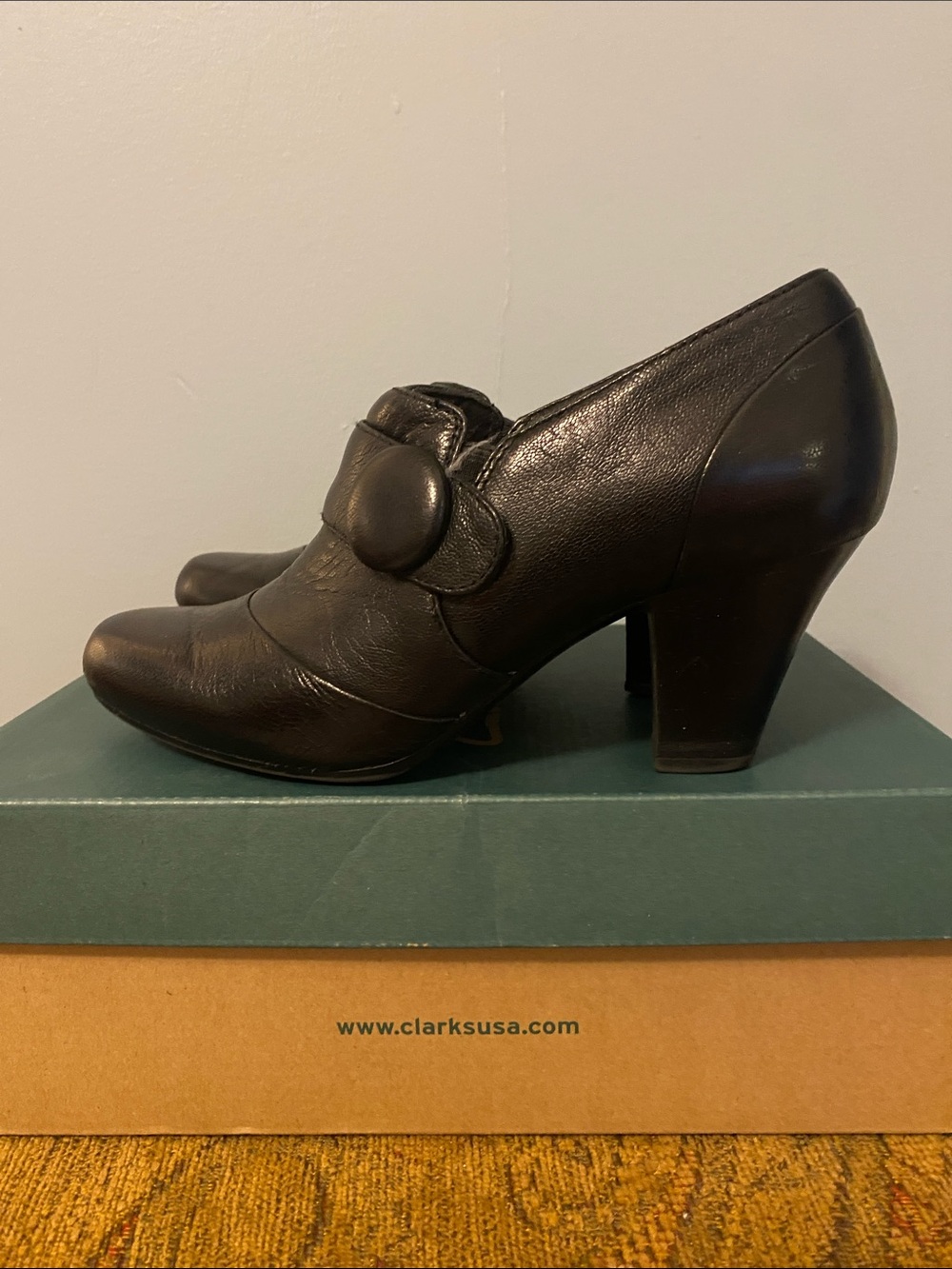 Clarks Black Leather Button-Detail Block Heels